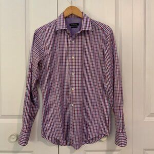 Bugatchi Purple Plaid Shaped Fit Cotton Long Sleeve Collared Shirt Small